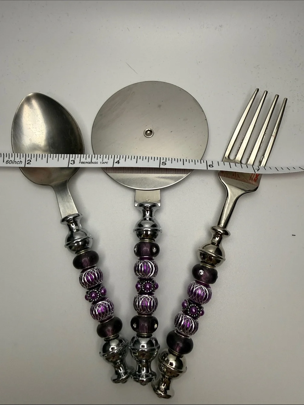 Decorative Purple Beaded Flatware Set - Spoon, Fork, Pizza Wheel